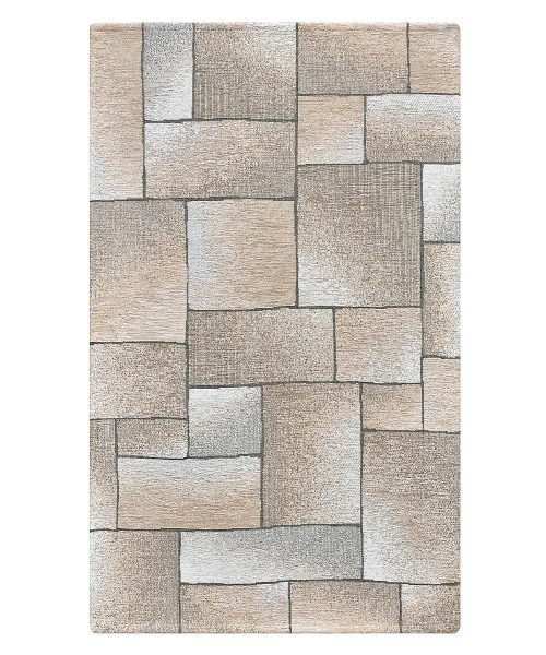 Tappeto moderno in morbida ciniglia con motivo geometrico a blocchi sovrapposti nei toni del beige. Complemento d'arredo antiscivolo ideale per salotto e cucina.