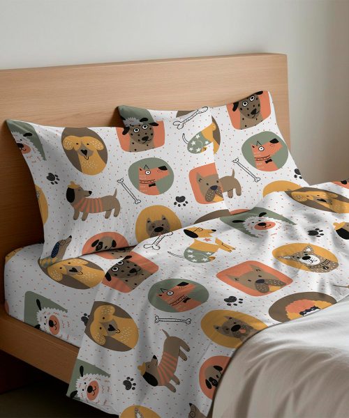 Completo Lenzuola letto Singolo Matrimoniale disegno moderno con cani animali cagnolini. 1 piazza, 1 piazza e mezza, 2 piazze. Completo lenzuolo, angolo e federe cuscini.
