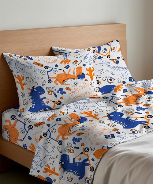 Completo Lenzuola letto Singolo Matrimoniale disegno moderno con dinosauri fumetto preistoria scienza. 1 piazza, 1 piazza e mezza, 2 piazze. Completo lenzuolo, angolo e federe cuscini.