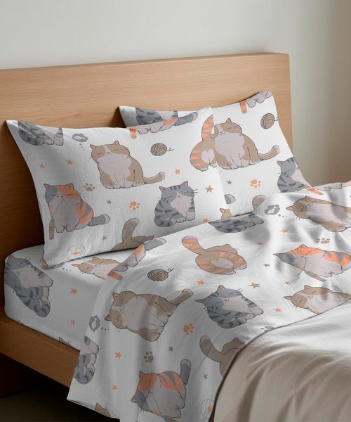Completo Lenzuola letto Singolo Matrimoniale disegno moderno con gatti animali gattini micio. 1 piazza, 1 piazza e mezza, 2 piazze. Completo lenzuolo, angolo e federe cuscini.