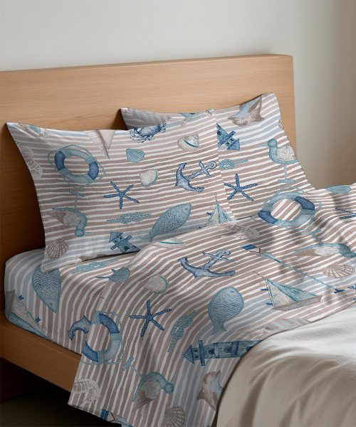 Completo Lenzuola letto Singolo Matrimoniale disegno nautico spiaggia Mare beige azzurro. 1 piazza, 1 piazza e mezza, 2 piazze. Completo lenzuolo, angolo e federe cuscini.