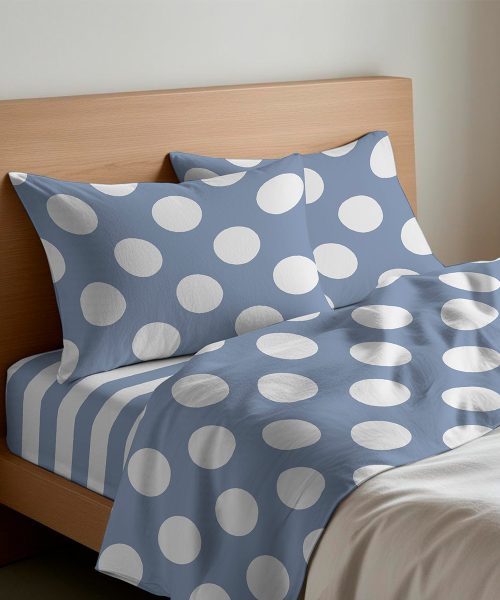 Completo Lenzuola letto Singolo Matrimoniale disegno moderno a pois e righe bianco azzurro blu. 1 piazza, 1 piazza e mezza, 2 piazze. Completo lenzuolo, angolo e federe cuscini.