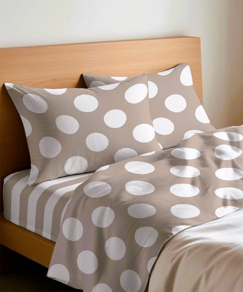 Completo Lenzuola letto Singolo Matrimoniale disegno moderno a pois e righe bianco beige. 1 piazza, 1 piazza e mezza, 2 piazze. Completo lenzuolo, angolo e federe cuscini.