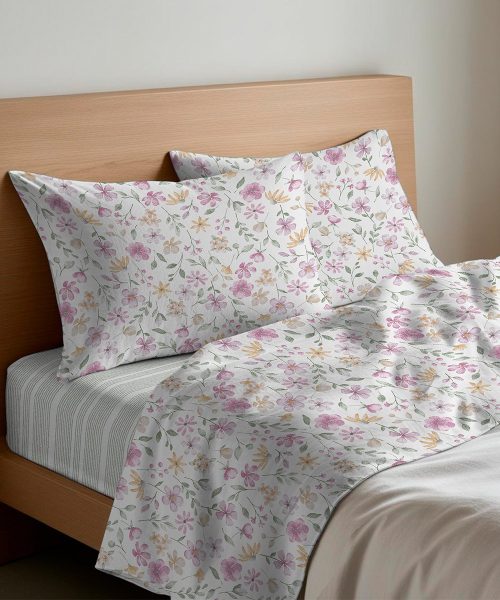 Completo Lenzuola letto Singolo Matrimoniale disegno floreale primavera fiori bianco rosa multicolore. 1 piazza, 1 piazza e mezza, 2 piazze. Completo lenzuolo, angolo e federe cuscini.