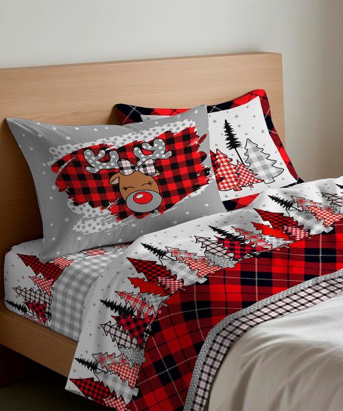 Completo Lenzuola letto Singolo Matrimoniale disegno renna invernale natalizio. 1 piazza, 1 piazza e mezza, 2 piazze. Completo lenzuolo, angolo e federe cuscini.