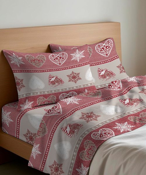 Completo Lenzuola letto Singolo Matrimoniale disegno invernale tirolese baita chalet. 1 piazza, 1 piazza e mezza, 2 piazze. Completo lenzuolo, angolo e federe cuscini.