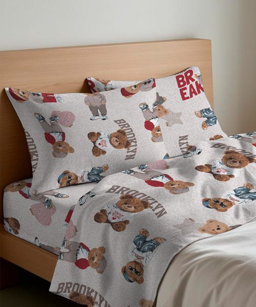 Completo Lenzuola letto Singolo Matrimoniale disegno moderno orso teddy bear peluche beige. 1 piazza, 1 piazza e mezza, 2 piazze. Completo lenzuolo, angolo e federe cuscini.