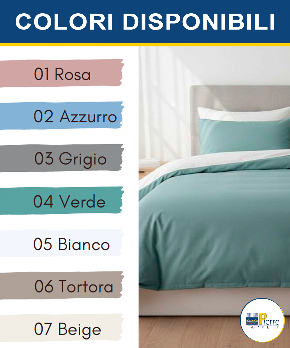 Gamma colori per Lenzuola in Percalle per Letto Singolo e Matrimoniale tinta unita. Misura 1 piazza, 1 piazza e mezza, 2 piazze. Completo lenzuolo, angolo e federe cuscini.