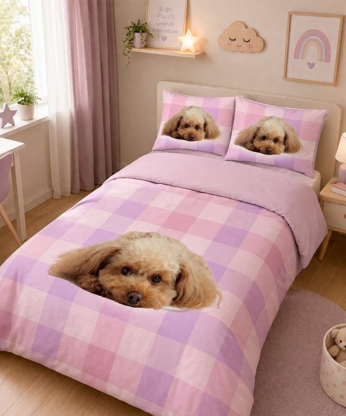 Parure Copripiumino singolo per cameretta bambini, in cotone e 100% prodotto in Italia. Stampa digitale alta definizione disegno cuccioli cane 45 rosa cagnolino barboncino