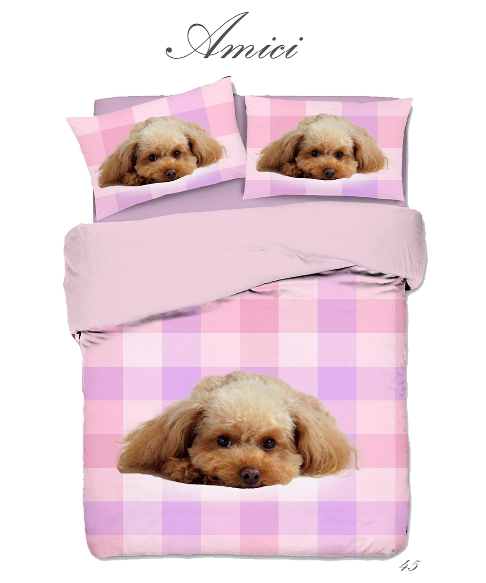 Dettaglio Parure Copripiumino singolo per cameretta bambini, in cotone e 100% prodotto in Italia. Stampa digitale alta definizione disegno cuccioli cane 45 rosa cagnolino barboncino