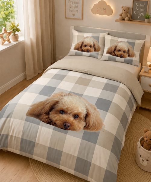 Parure Copripiumino singolo per cameretta bambini, in cotone e 100% prodotto in Italia. Stampa digitale alta definizione disegno cuccioli cane 46 beige cagnolino barboncino