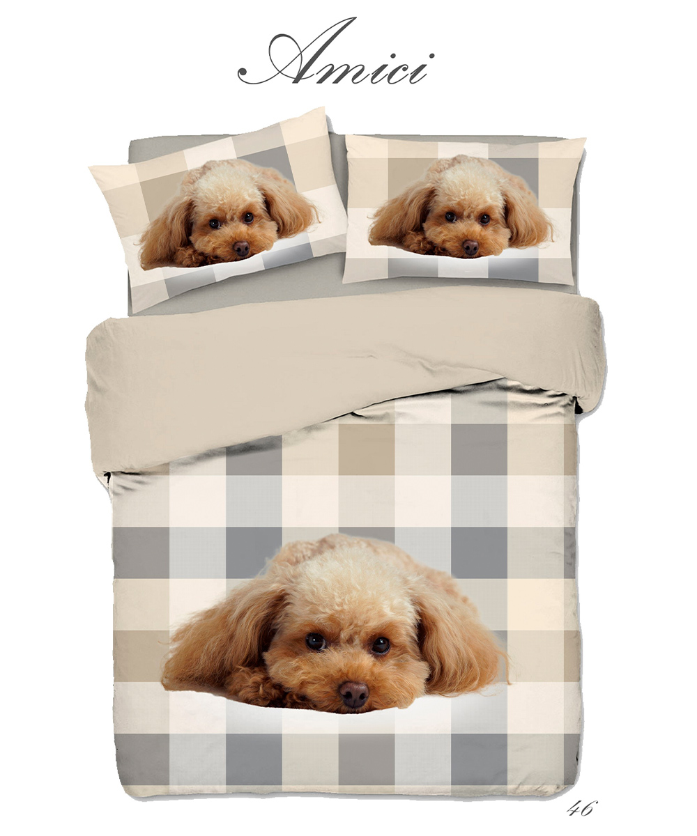Dettaglio Parure Copripiumino singolo per cameretta bambini, in cotone e 100% prodotto in Italia. Stampa digitale alta definizione disegno cuccioli cane 46 beige cagnolino barboncino
