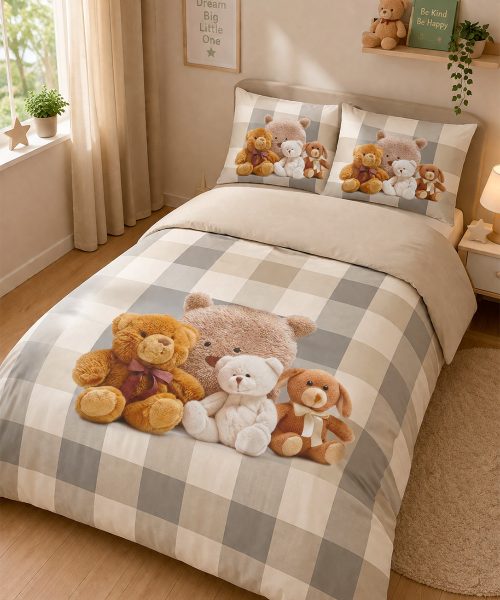 Parure Copripiumino singolo per cameretta bambini, in cotone e 100% prodotto in Italia. Stampa digitale alta definizione disegno orsetti 52 beige