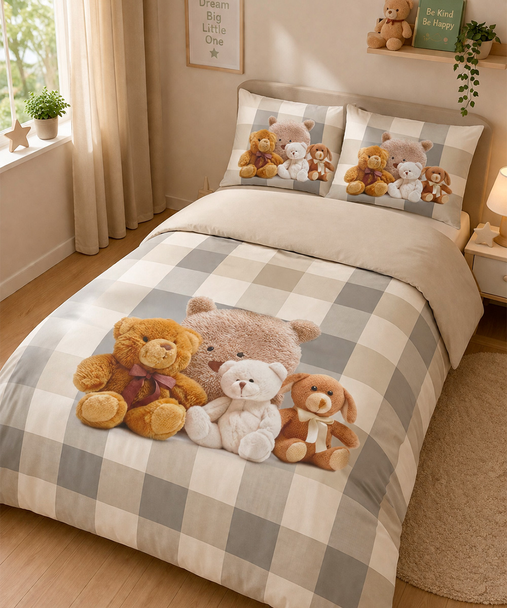 Parure Copripiumino singolo per cameretta bambini, in cotone e 100% prodotto in Italia. Stampa digitale alta definizione disegno orsetti 52 beige