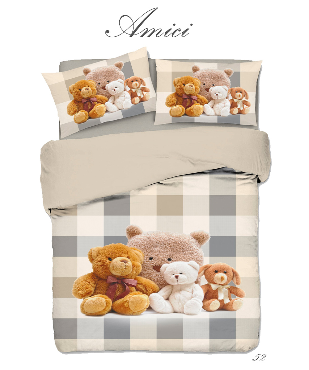 Dettaglio Parure Copripiumino singolo per cameretta bambini, in cotone e 100% prodotto in Italia. Stampa digitale alta definizione disegno orsetti 52 beige