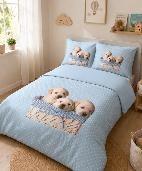 Parure Copripiumino singolo per cameretta bambini, in cotone e 100% prodotto in Italia. Stampa digitale alta definizione disegno cuccioli cane 9 azzurro cagnolini