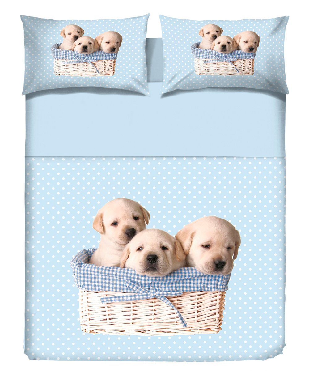 Dettaglio Parure Copripiumino singolo per cameretta bambini, in cotone e 100% prodotto in Italia. Stampa digitale alta definizione disegno cuccioli cane 9 azzurro cagnolini