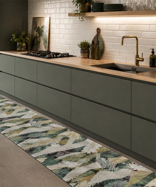 Cucina con Tappeto passatoia su msiura multiuso per cucina corridoio bagno, collezione SPRINTY SPACE disegno ERIS floreale verde multicolore foglie