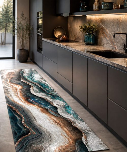 Cucina con Tappeto passatoia su misura multiuso per cucina corridoio bagno, collezione SPRINTY SPACE disegno GIOVE disegno astratto marmoreo blu arancio