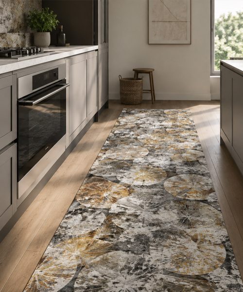 Cucina con Tappeto passatoia su misura multiuso per cucina corridoio bagno, collezione SPRINTY SPACE disegno LUNA geometrico astratto antracite, beige
