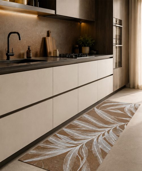 Cucina con Tappeto passatoia su misura multiuso per cucina corridoio bagno, collezione SPRINTY SPACE disegno MARTE foliage bronzo argento
