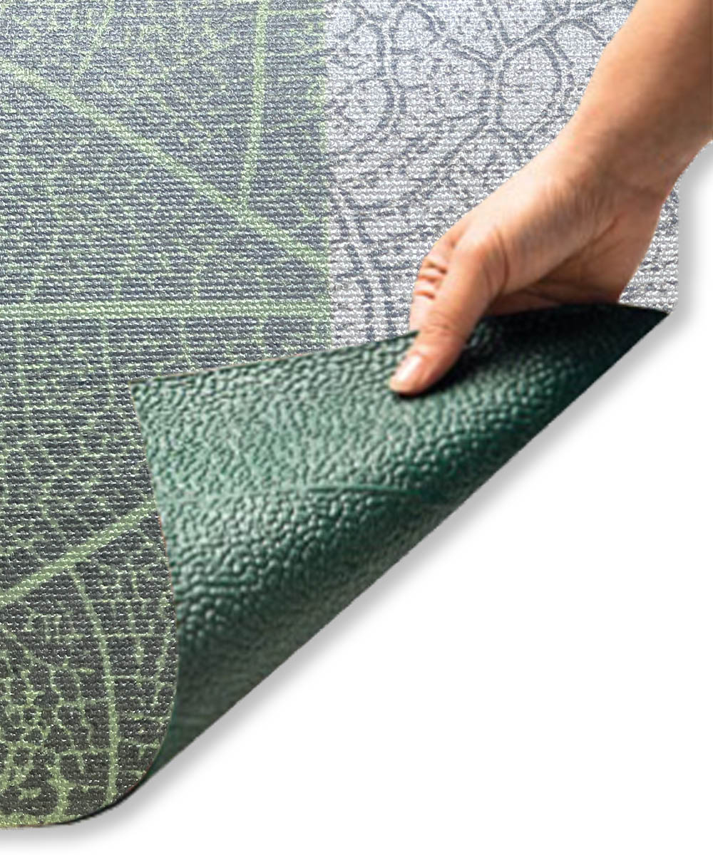 Retro antiscivolo Tappeto passatoia su misura multiuso per cucina corridoio bagno, collezione SPRINTY SPACE disegno PLUTONE foliage verde grigio argento