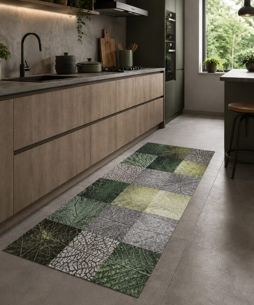 Cucina con Tappeto passatoia su misura multiuso per cucina corridoio bagno, collezione SPRINTY SPACE disegno PLUTONE foliage verde grigio argento