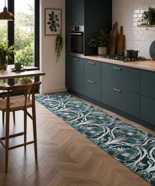 Cucina conTappeto passatoia su misura multiuso per cucina corridoio bagno, collezione SPRINTY SPACE disegno STELLA floreale blu argento