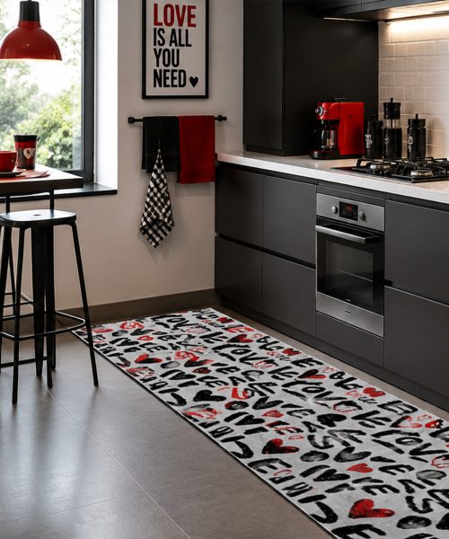 Cucina con Tappeto passatoia su misura multiuso per cucina corridoio bagno, collezione SPRINTY SPACE disegno VENERE scritta Love e cuoricini