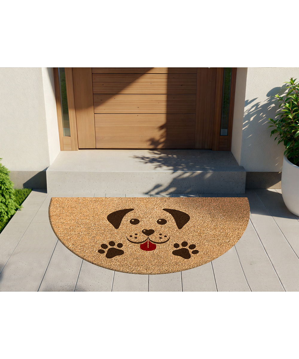 Ingresso casa con Zerbino mezzaluna per ingresso casa in cocco con retro anti-scivolo in vinile. Collezione GULLIVER disegno cagnolino