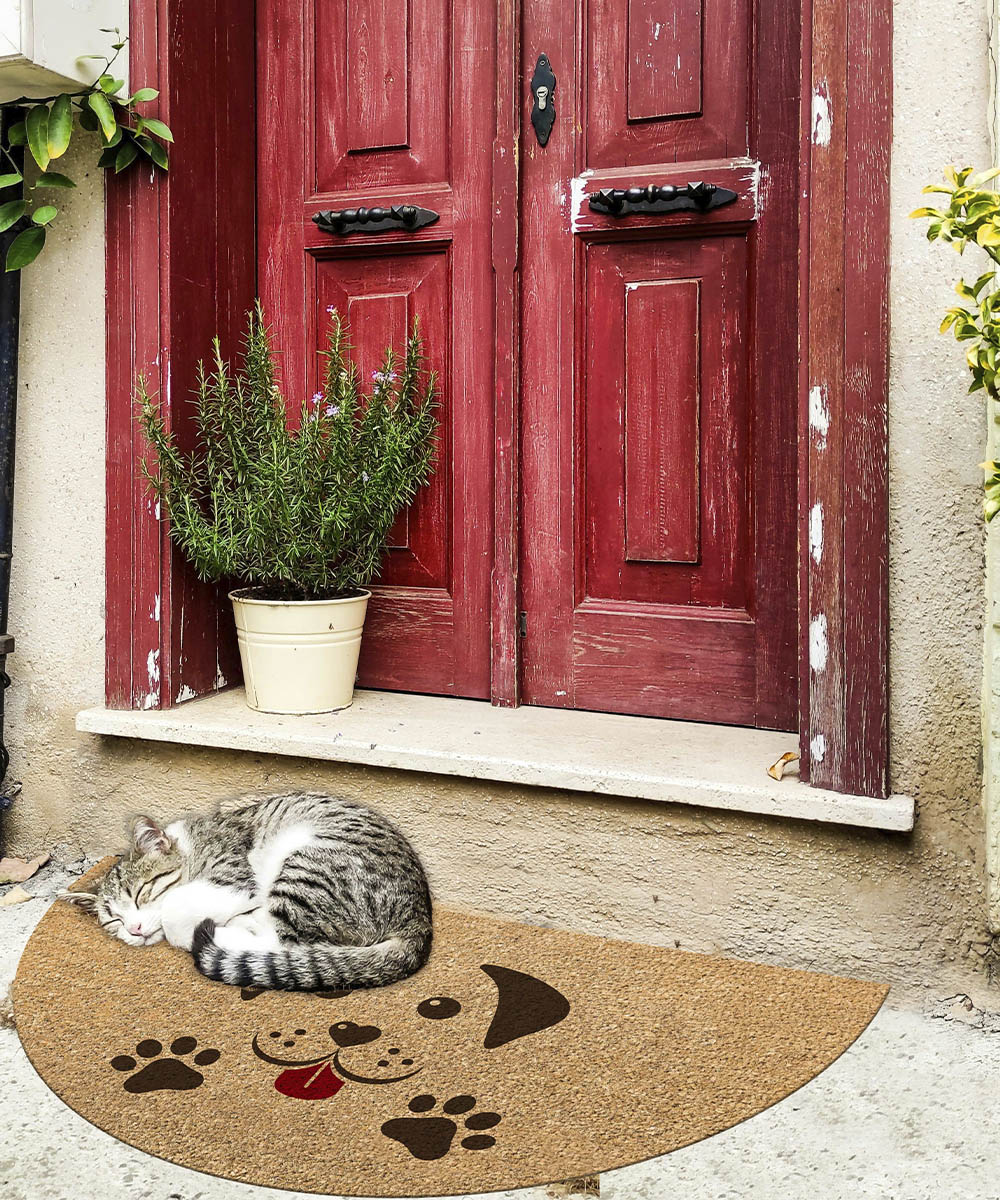 Entrata abitazione con Zerbino mezzaluna per ingresso casa in cocco con retro anti-scivolo in vinile. Collezione GULLIVER disegno cagnolino