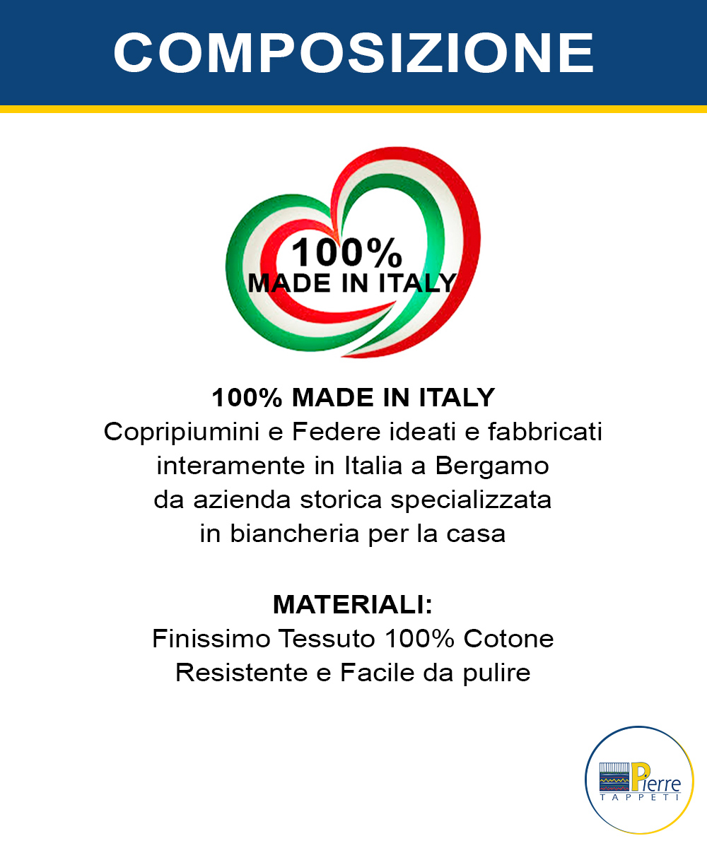 Info composizione Parure Copripiumino matrimoniale in cotone e 100% prodotto in Italia. Stampa digitale