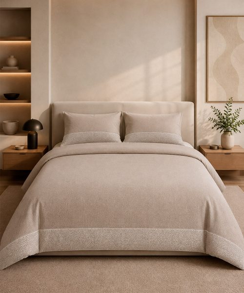 Parure Copripiumino living Class 12 tortora beige. In pregiato cotone e 100% prodotto in Italia. Stampa digitale alta definizione.