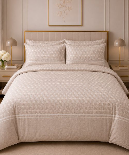 Parure Copripiumino living Geo 12 tortora beige. In pregiato cotone e 100% prodotto in Italia. Stampa digitale alta definizione.