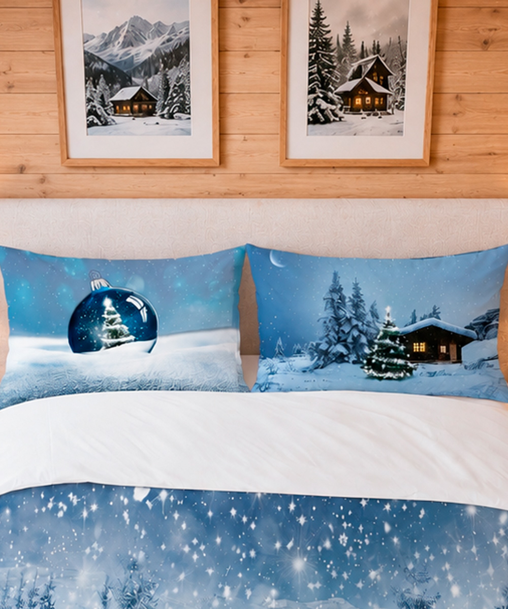 Federe cuscini Parure Copripiumino matrimoniale in cotone e 100% prodotto in Italia. Stampa digitale a tema periodo natalizio e montagna innevata, ideale per regalo Natale. Disegno CHALET