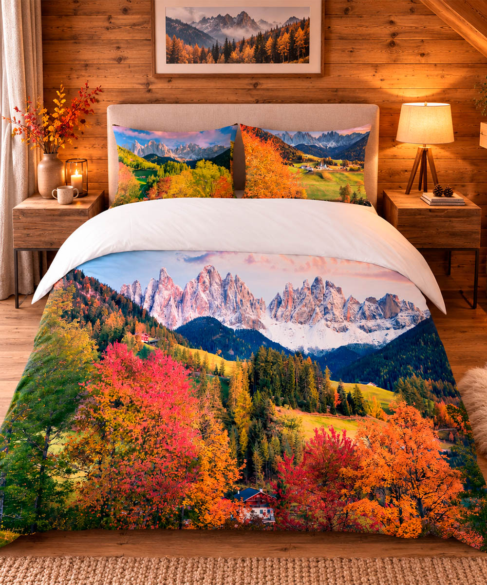 Parure Copripiumino matrimoniale in cotone e 100% prodotto in Italia. Stampa digitale a tema periodo natalizio e montagna innevata, ideale per regalo Natale. Disegno DOLOMITI