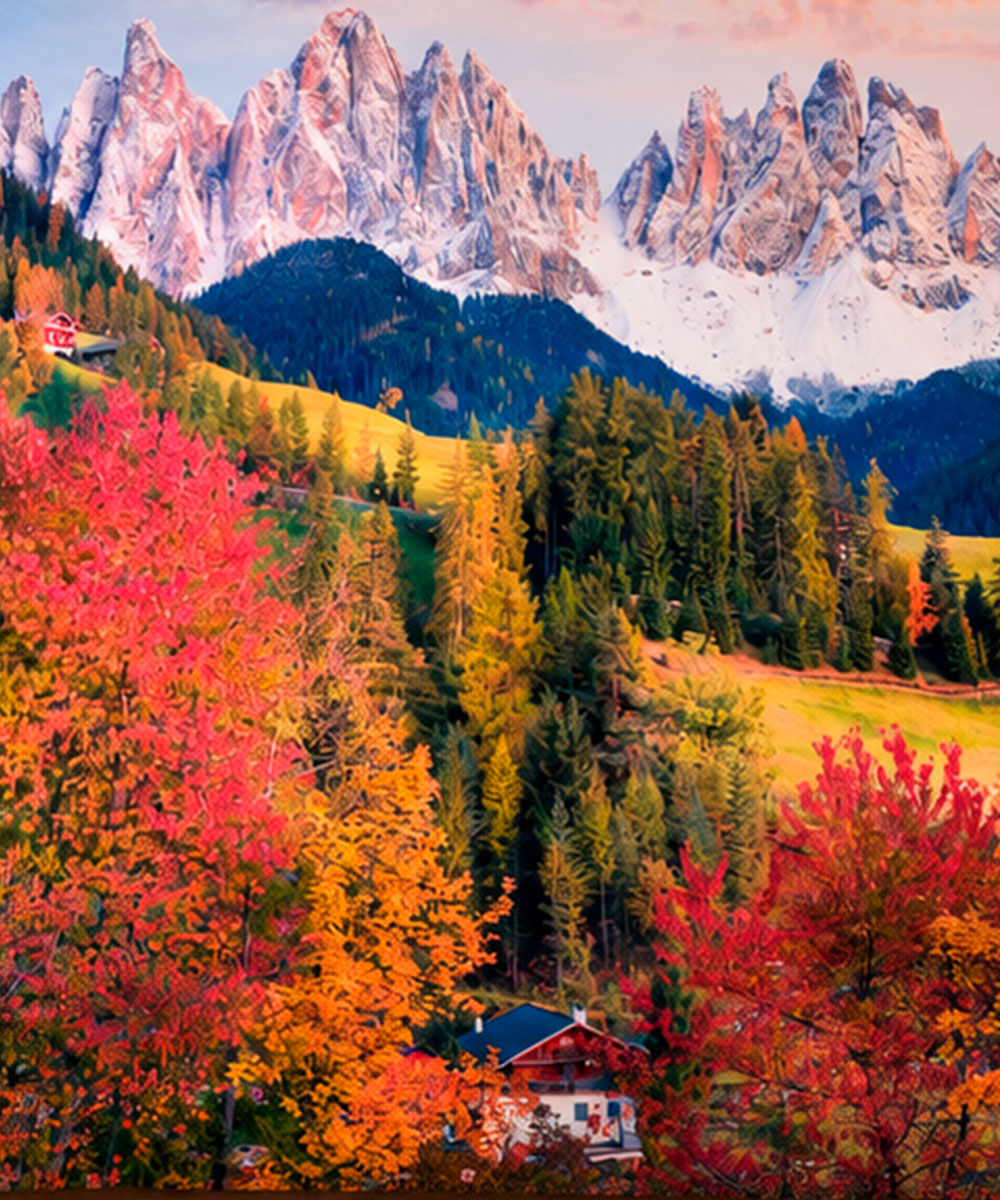 Dettaglio Parure Copripiumino matrimoniale in cotone e 100% prodotto in Italia. Stampa digitale a tema periodo natalizio e montagna innevata, ideale per regalo Natale. Disegno DOLOMITI