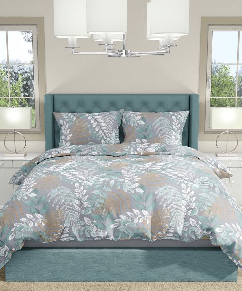 Parure Copripiumino Quadrifoglio Fantasia disegno Foglia foresta giungla grigio e multicolore. In cotone e 100% prodotto in Italia. Disponibile sia per letto singolo che per letto matrimoniale.