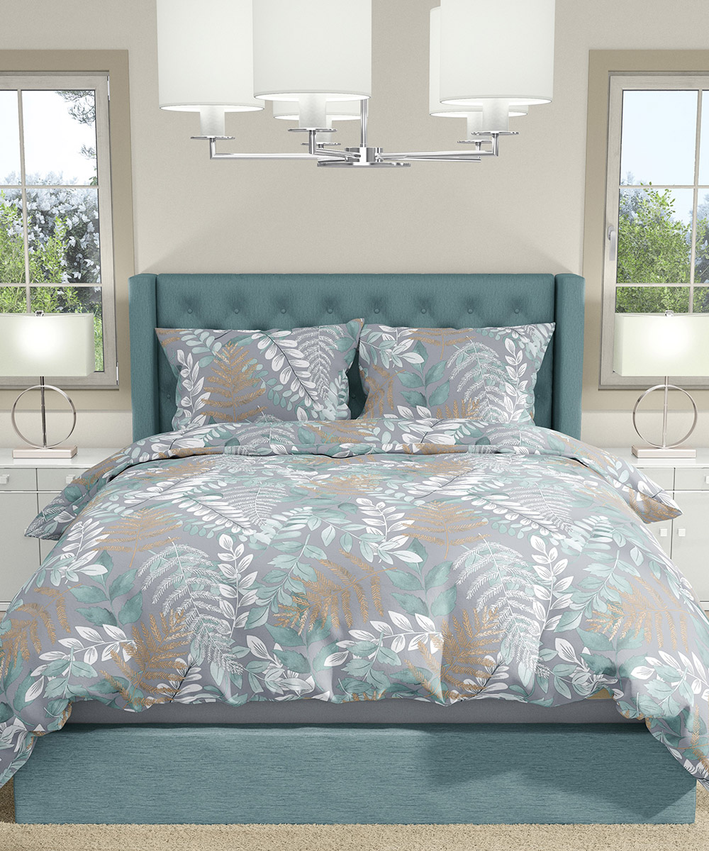 Parure Copripiumino Quadrifoglio Fantasia disegno Foglia foresta giungla grigio e multicolore. In cotone e 100% prodotto in Italia. Disponibile sia per letto singolo che per letto matrimoniale.
