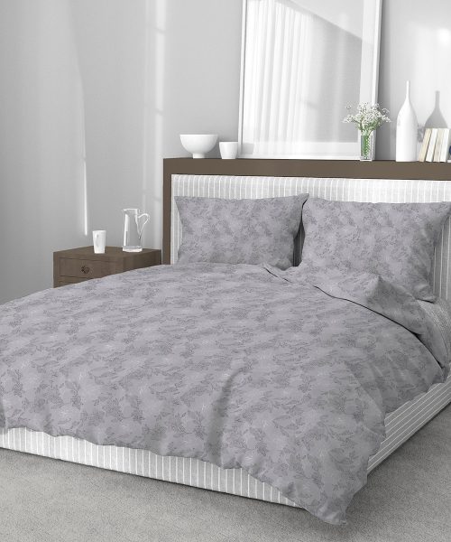 Parure Copripiumino Quadrifoglio Fantasia floreale grigio. In cotone e 100% prodotto in Italia. Disponibile sia per letto singolo che per letto matrimoniale.