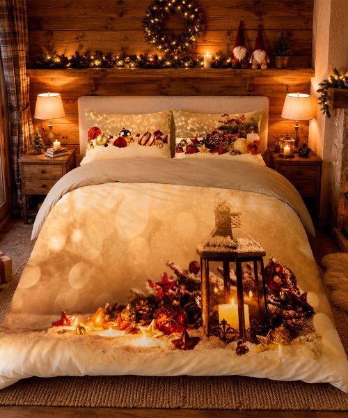 Parure Copripiumino matrimoniale in cotone e 100% prodotto in Italia. Stampa digitale a tema periodo natalizio e montagna innevata, ideale per regalo Natale. Disegno NOEL