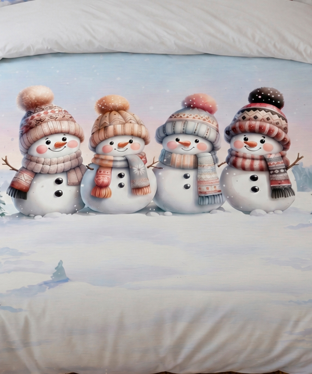 Dettaglio Parure Copripiumino matrimoniale in cotone e 100% prodotto in Italia. Stampa digitale a tema periodo natalizio e montagna innevata, ideale per regalo Natale. Disegno PUPAZZI