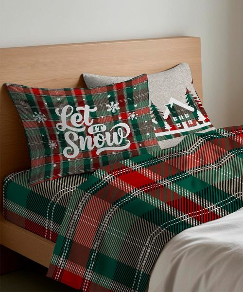 Completo Lenzuola letto Singolo Matrimoniale disegno natalizio SNOW invernale tartan verde per chalet o baita montagna. 1 piazza, 1 piazza e mezza, 2 piazze. Completo lenzuolo, angolo e federe cuscini.