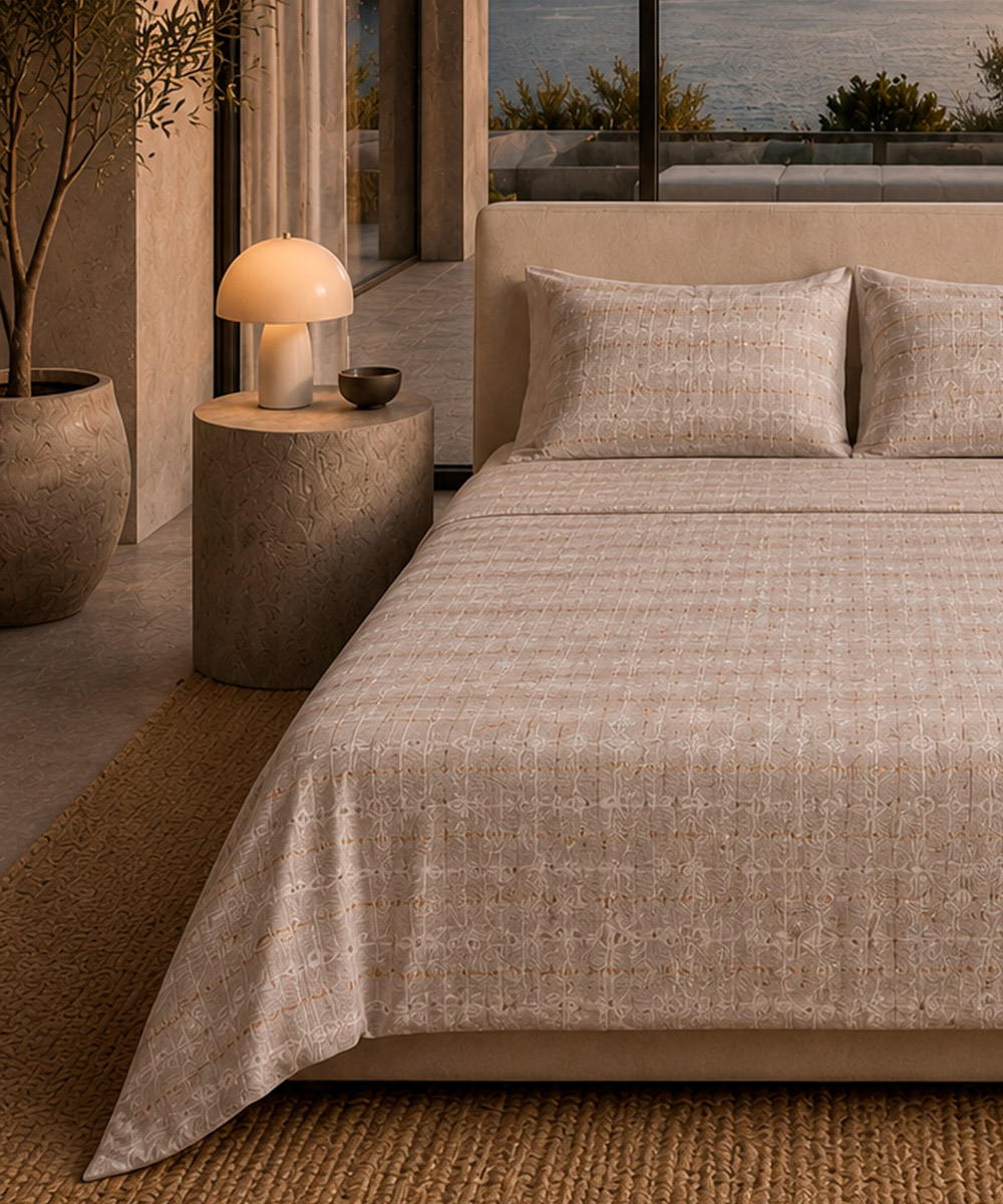 Completo Lenzuola Living trama 12 tortora beige. Motivo righe effetto slavato adatto a tutti i letti e le camere. 100% cotone e Misura letto singolo o matrimoniale.
