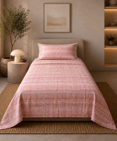 Completo Lenzuola Living trama 3 rosa. Motivo righe effetto slavato adatto a tutti i letti e le camere. 100% cotone e Misura letto singolo