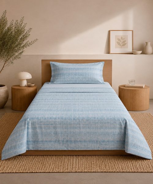 Completo Lenzuola Living trama 4 azzurro turchese. Motivo righe effetto slavato adatto a tutti i letti e le camere. 100% cotone e Misura letto singolo