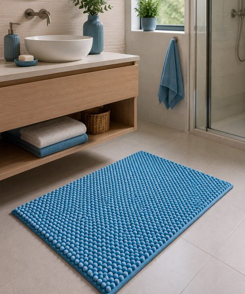 Bagno casa con Tappetino azzurro cielo in morbida microfibra poliestere assorbente lavabile asciugabile antiscivolo