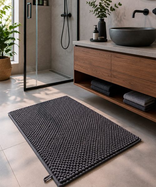 Bagno con Tappetino nero in morbida microfibra poliestere assorbente lavabile asciugabile antiscivolo