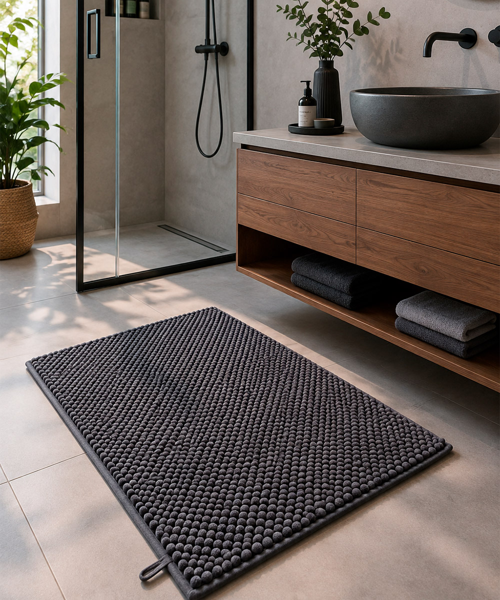Bagno con Tappetino nero in morbida microfibra poliestere assorbente lavabile asciugabile antiscivolo