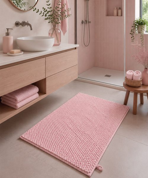 Bagno con Tappetino rosa in morbida microfibra poliestere assorbente lavabile asciugabile antiscivolo